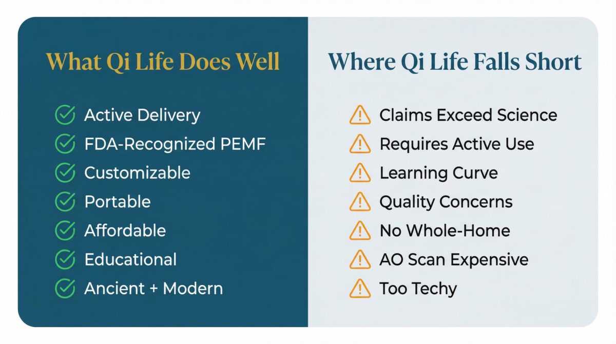 Qi Life PEMF system pros and cons comparison infographic for informed decision-making