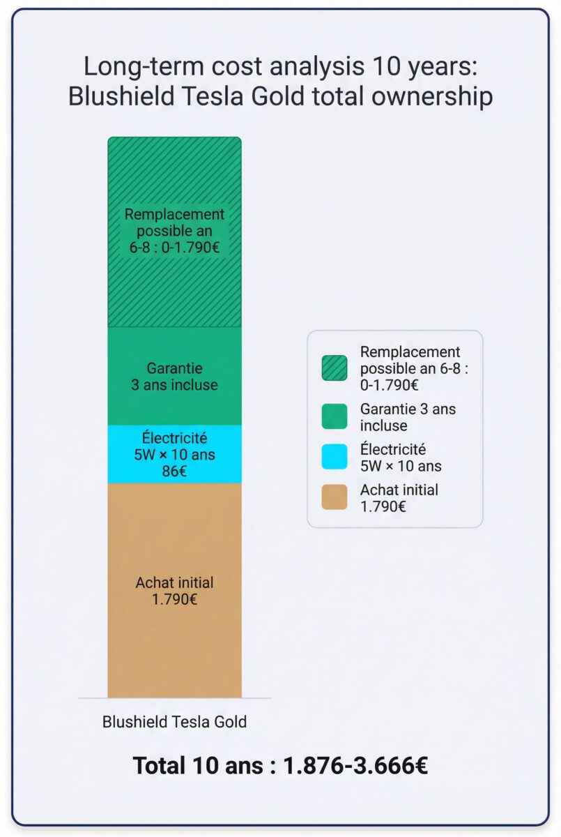 Analyse coût total de possession sur 10 ans pour Blushield Tesla Gold avec électricité et remplacement