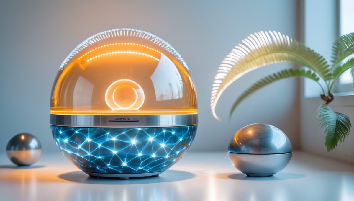 Somavedic Amber Quantenenergie-Gerät mit bernsteinfarbenem LED-Licht auf weißer Marmoroberfläche in minimalistischem Wellness-Setting