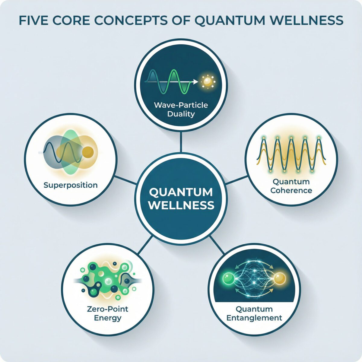 Infographic diagram showing five key quantum physics concepts arranged in circular layout with clean icons and connecting lines