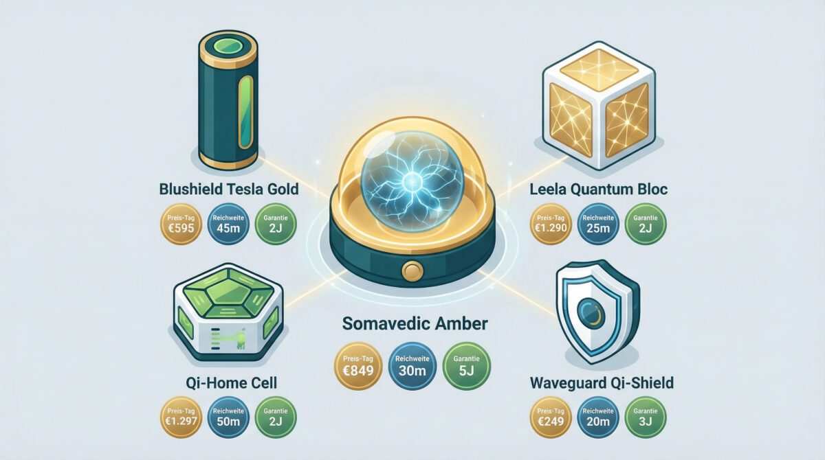 Vergleichsdiagramm von 5 EMF-Harmonisierungsgeräten mit Preis-Leistungs-Bewertung und Reichweite