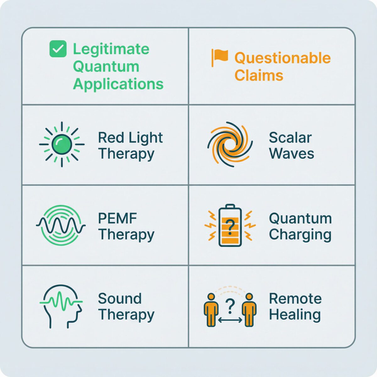 Side-by-side comparison infographic showing legitimate quantum wellness applications versus questionable marketing claims with clear icons