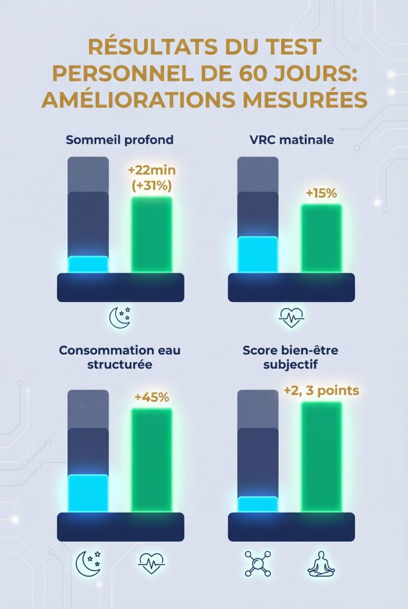 Résultats test personnel 60 jours Somavedic Amber : sommeil profond, VRC et bien-être mesurés