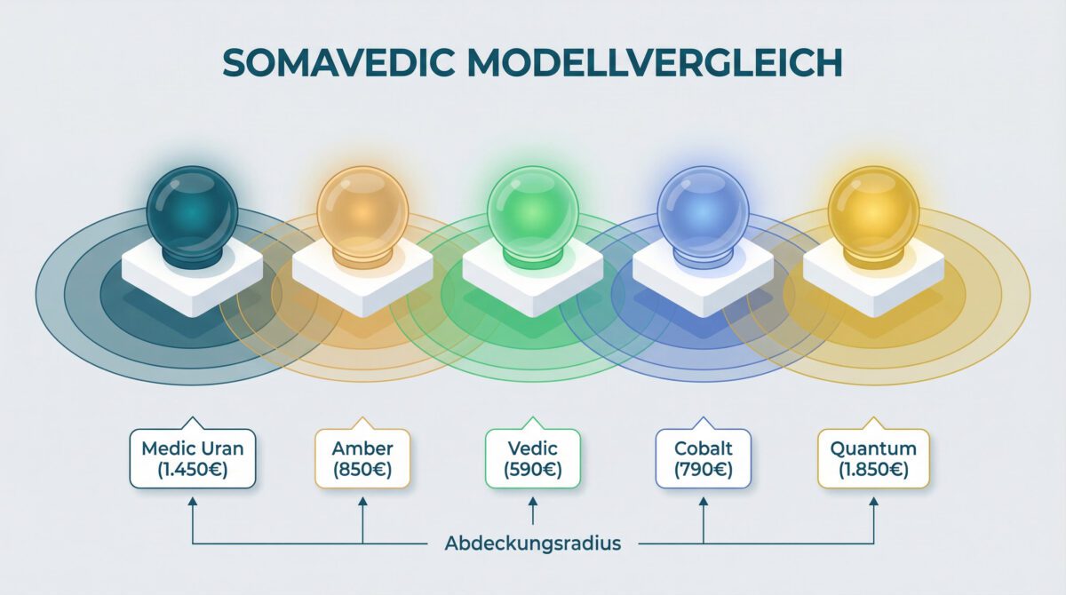 Vergleich der Somavedic-Modellreihe: Medic Uran, Amber, Vedic, Cobalt und Quantum mit Preisen und Reichweiten im isometrischen Design