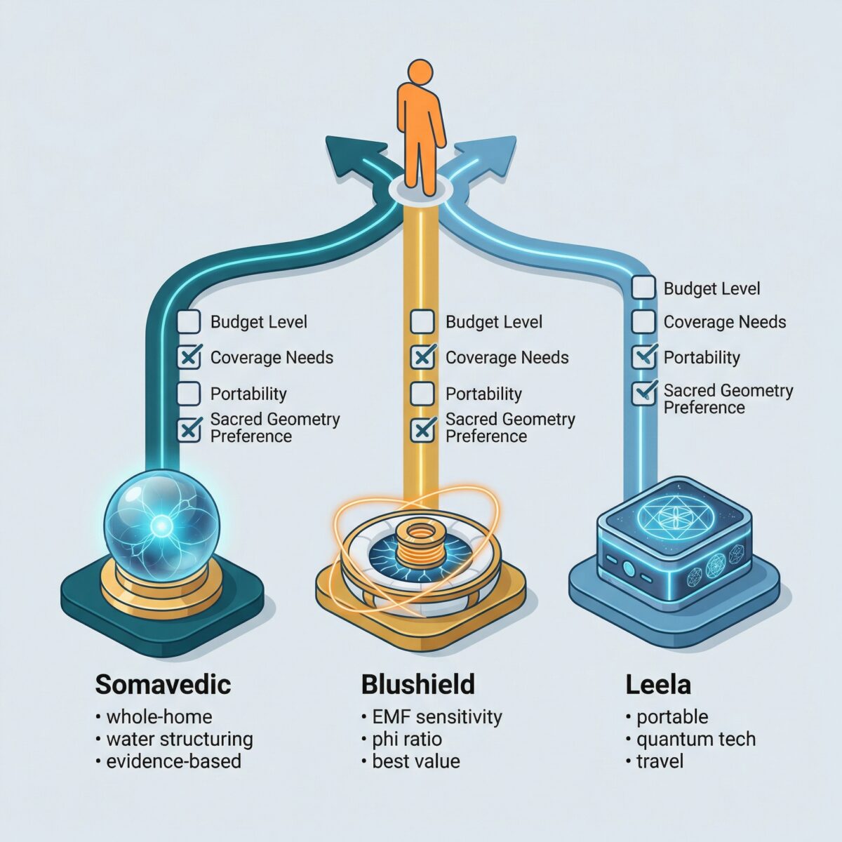 Decision framework infographic helping users choose between Somavedic, Blushield, and Leela Quantum based on priorities and needs