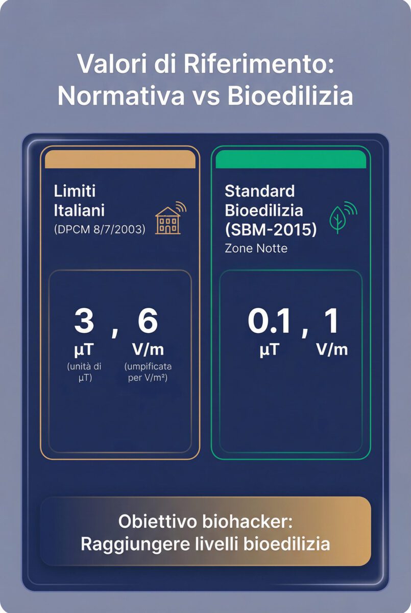 Valori riferimento EMF: normativa italiana vs standard bioedilizia