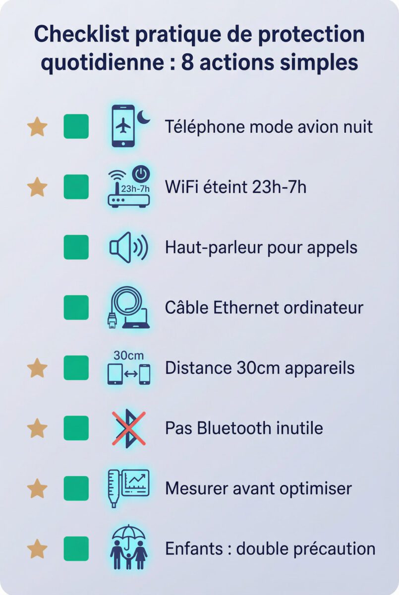 Checklist 8 mesures pratiques protection CEM quotidienne : téléphone, WiFi, ordinateur et précautions enfants