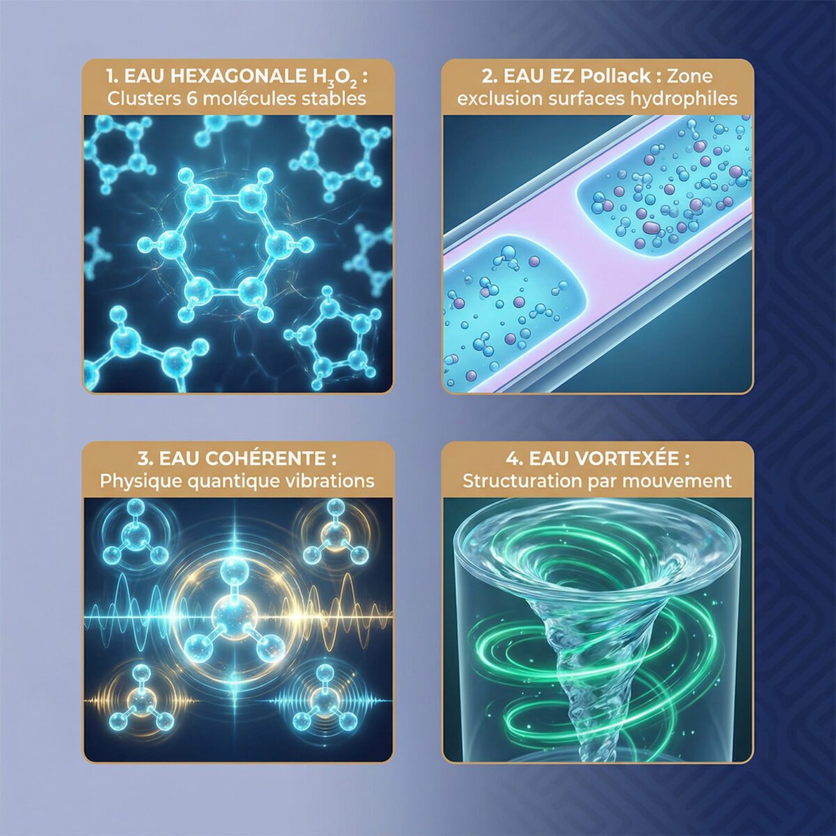 Quatre définitions eau structurée comparées : hexagonale, EZ Pollack, cohérente et vortexée expliquées