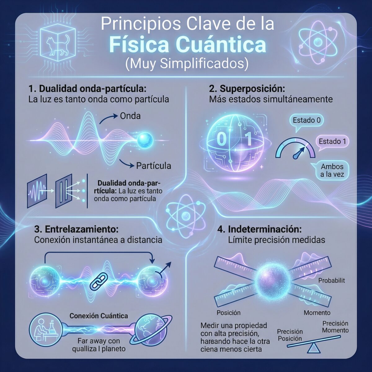 4 principios física cuántica simplificados: dualidad, superposición, entrelazamiento