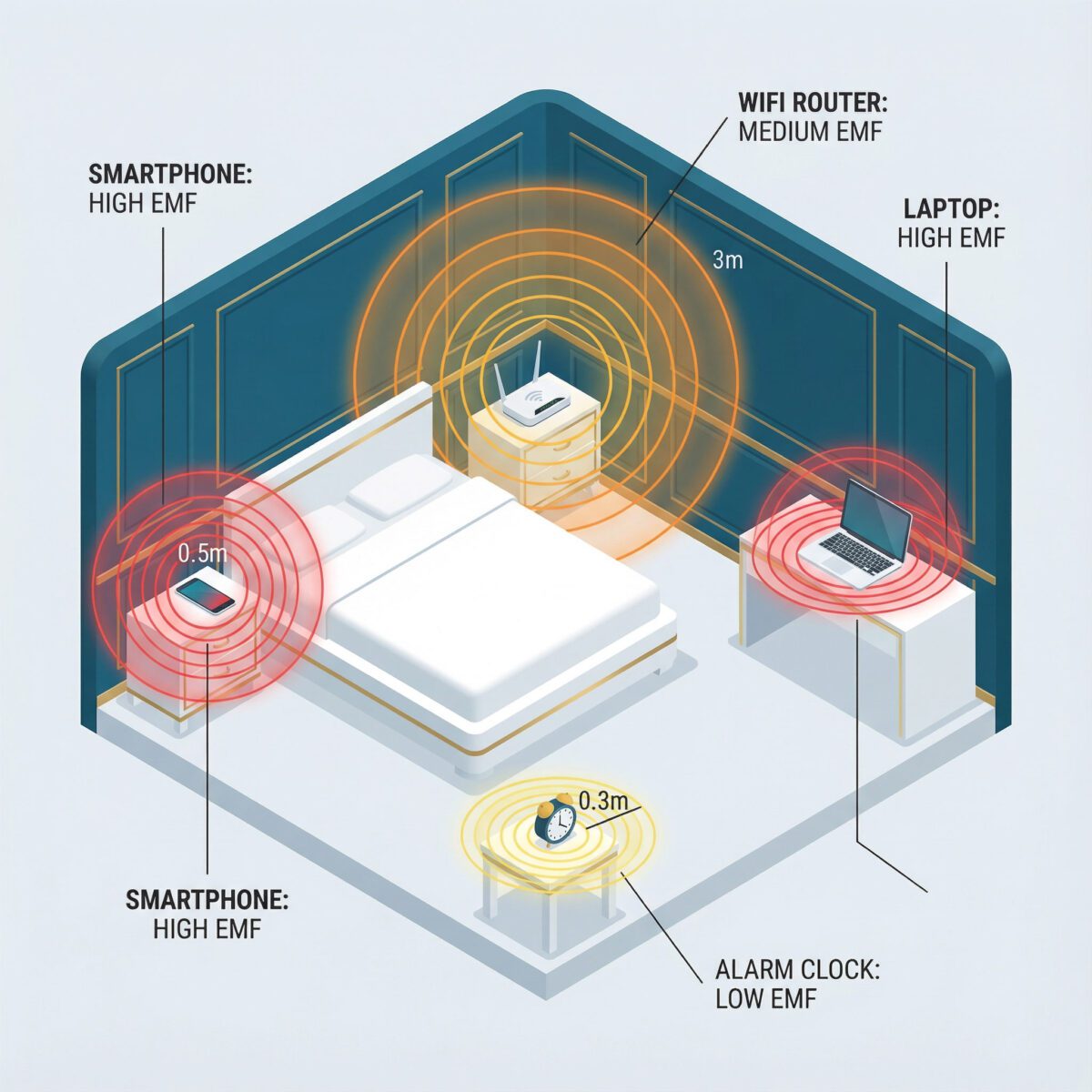 Isometric illustration of bedroom showing EMF radiation sources with color-coded danger zones including smartphone, WiFi router, alarm clock and laptop