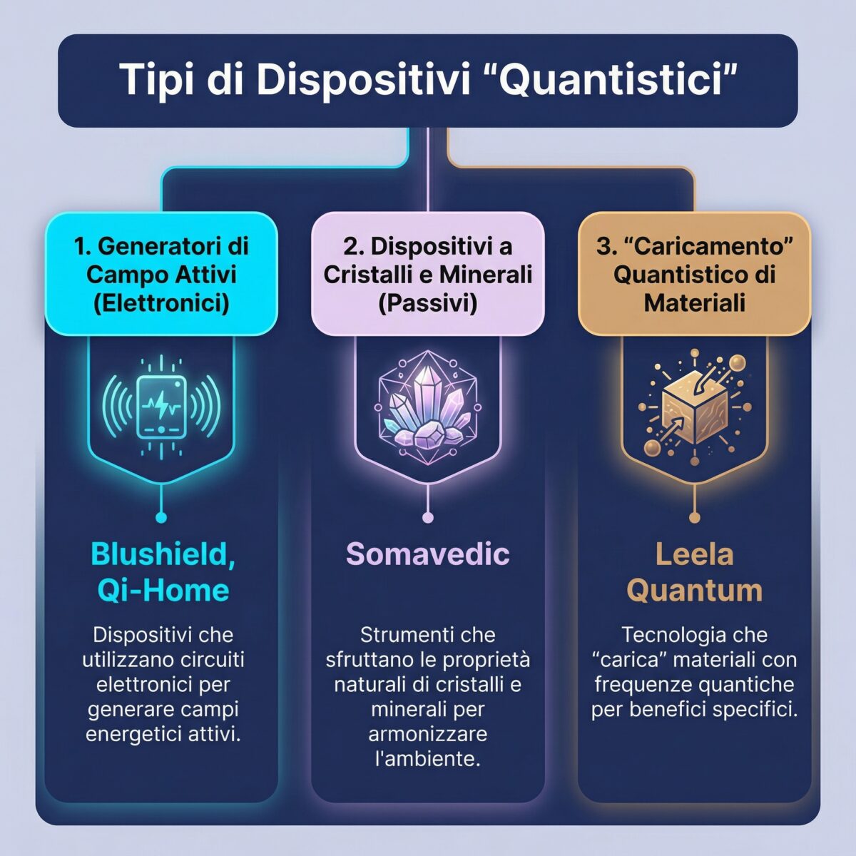 Classificazione 3 tipi dispositivi quantistici: attivi, passivi, caricati