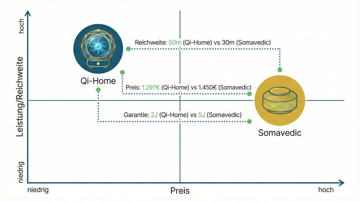 Preis-Leistungs-Verhältnis Matrix: Somavedic vs Qi-Home Vergleich nach Reichweite, Preis und Garantie
