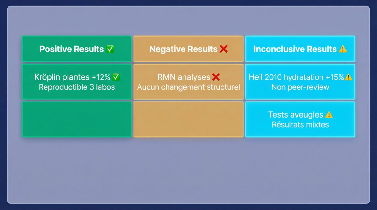 Synthèse études cliniques eau structurée : résultats positifs, négatifs et non-conclusifs analysés