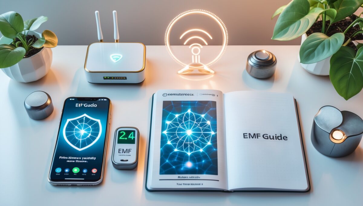 Flatlay mit Smartphone, EMF-Messgerät und WLAN-Router auf weißem Holztisch zur Visualisierung elektromagnetischer Felder im Alltag