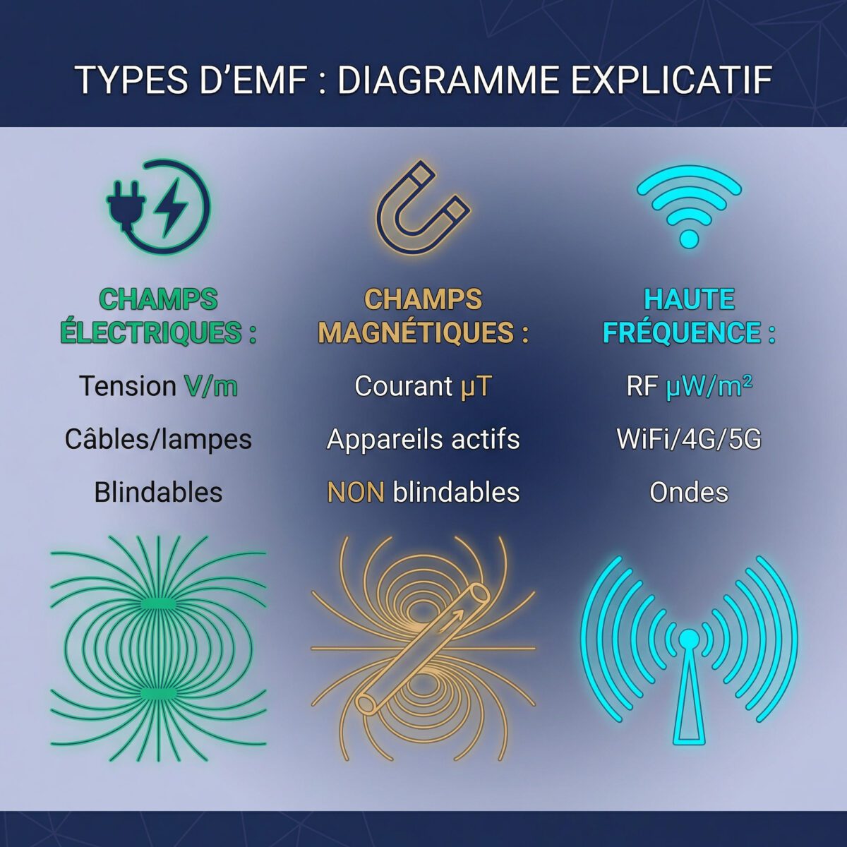 Schéma trois types CEM à mesurer : champs électriques, magnétiques et radiofréquences expliqués