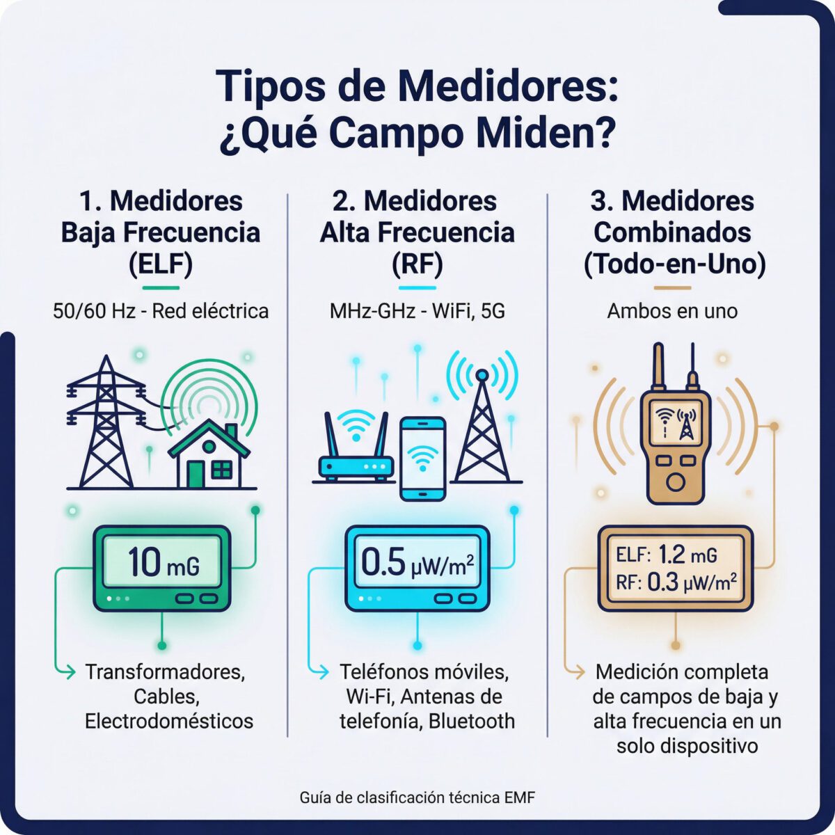 Tipos medidores EMF: baja frecuencia, alta frecuencia, combinados