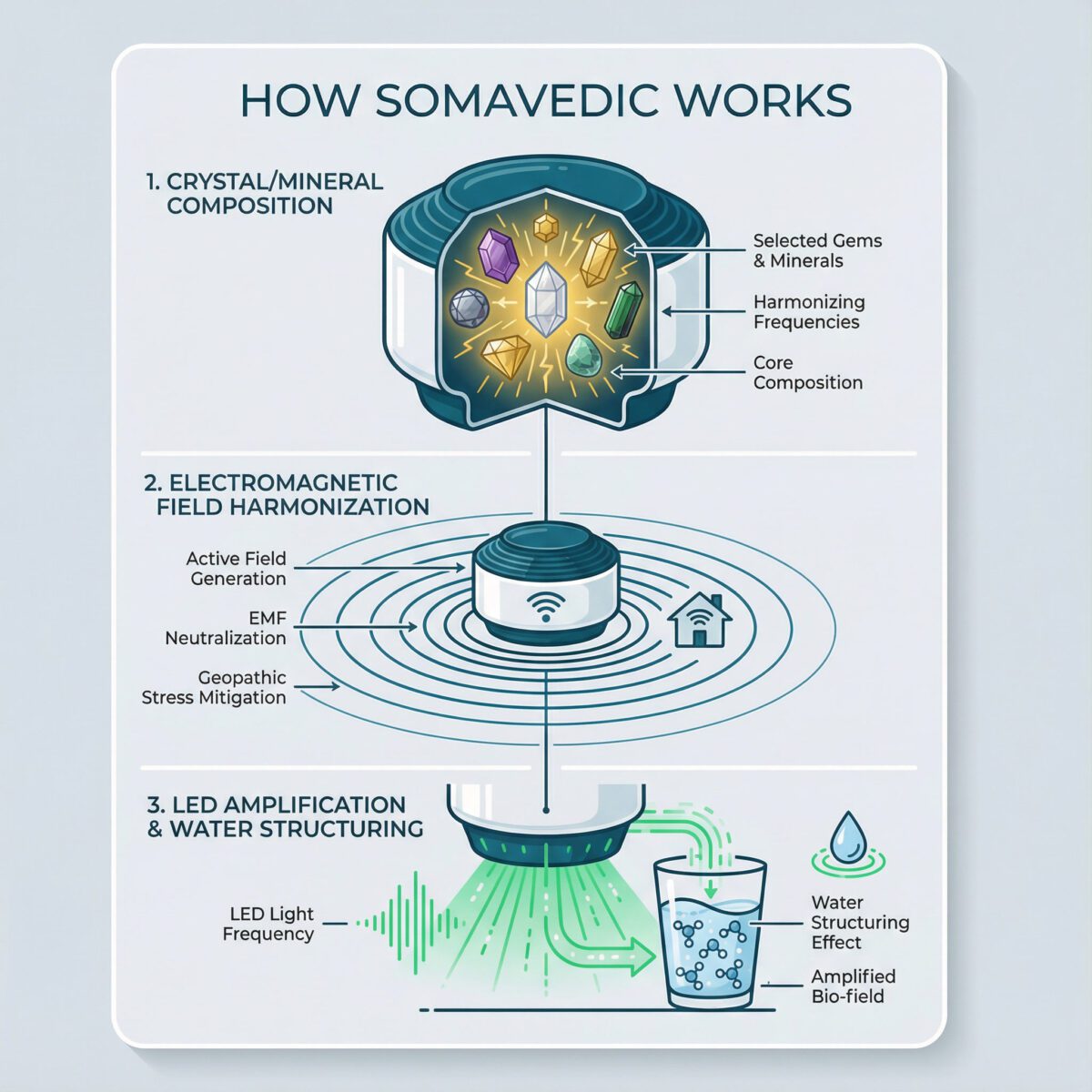 Technical diagram showing how Somavedic EMF harmonization technology works with crystals, electromagnetic field and LED amplification