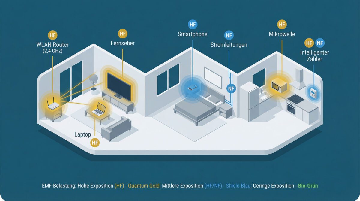 Isometrische Infografik zeigt EMF-Quellen im Haushalt mit WLAN-Router, Smartphone, Mikrowelle und Stromleitungen in verschiedenen Räumen