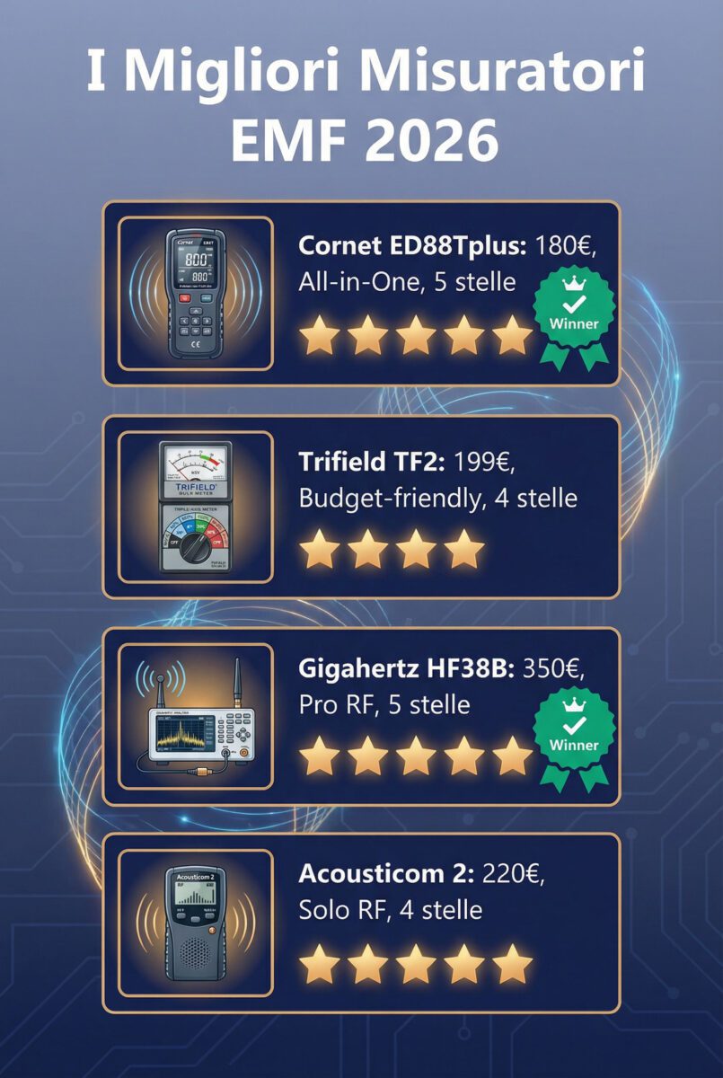 Top 4 migliori misuratori EMF 2026: Cornet, Trifield, Gigahertz, Acousticom