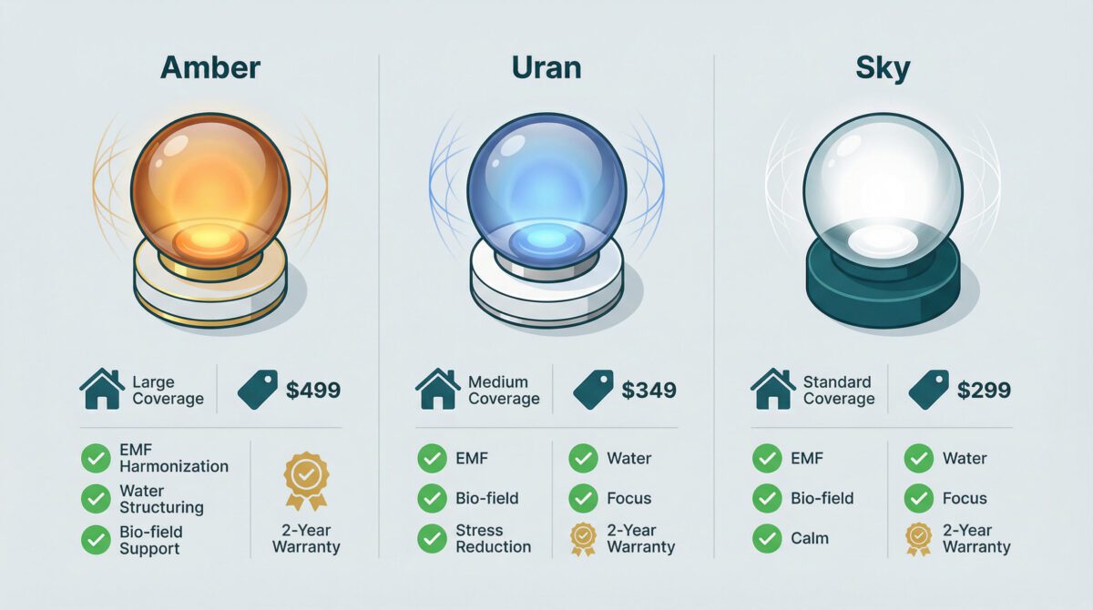 Comparison infographic showing Somavedic Amber, Uran and Sky models with specifications and key features