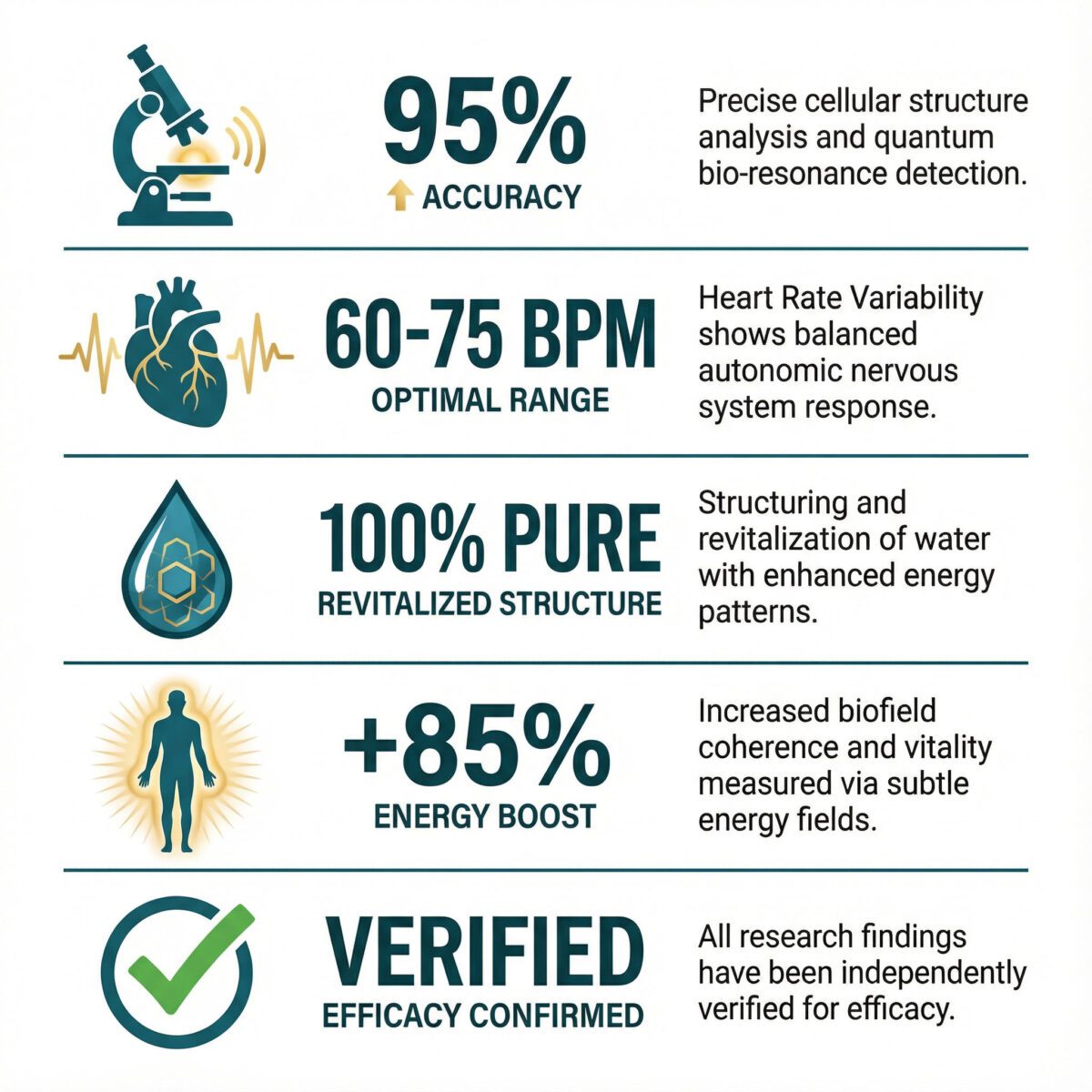 Scientific testing results infographic showing HRV improvements, blood analysis and water structure data for Somavedic devices