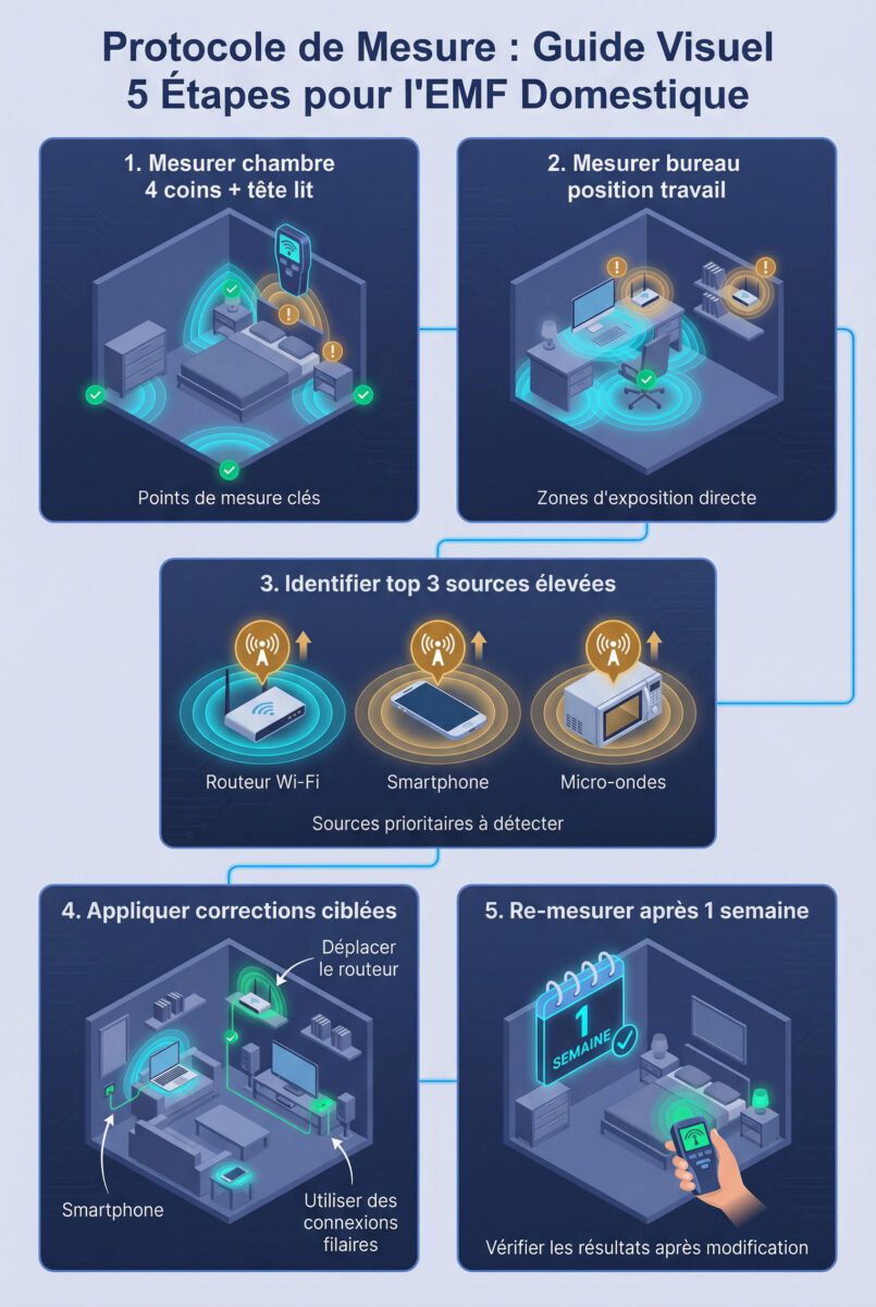 Protocole mesure CEM maison en 5 étapes : chambre, bureau, identification sources et re-mesure