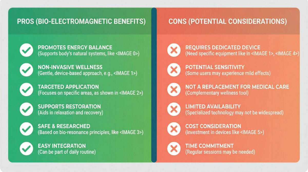 Balanced visual comparison of Somavedic advantages and disadvantages for honest product assessment