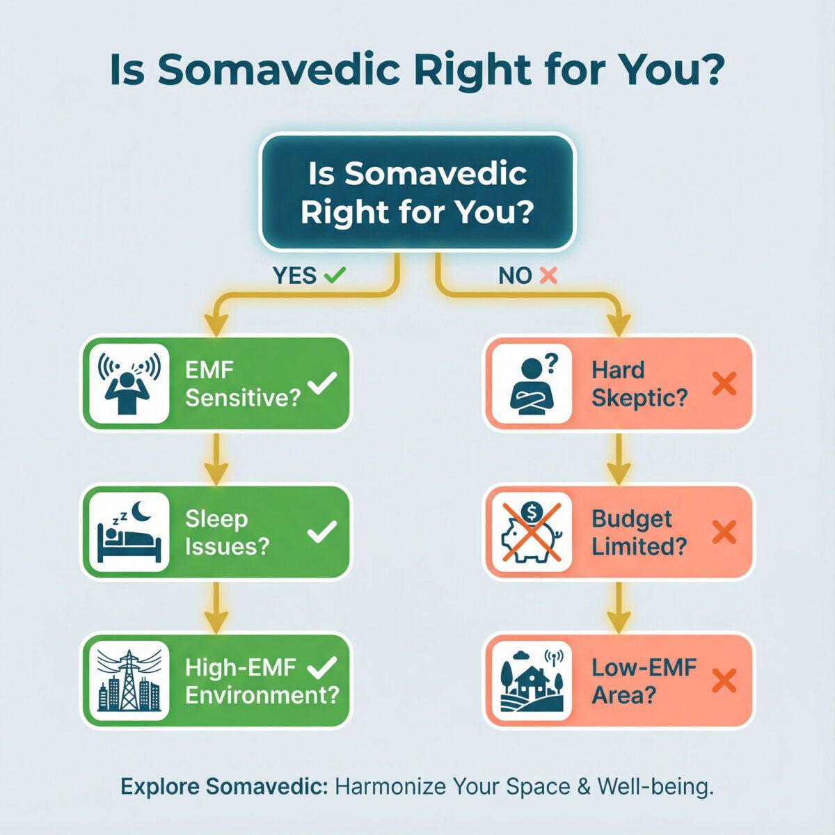 Decision tree flowchart helping readers determine if Somavedic EMF harmonization device is right for their needs
