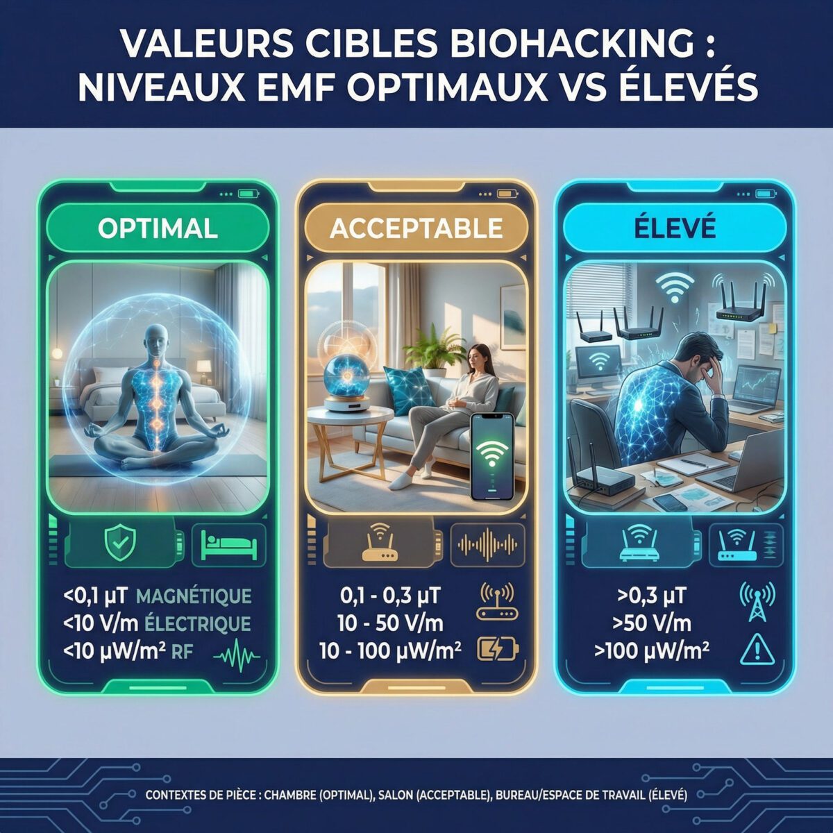 Valeurs cibles CEM recommandées : zones optimal, acceptable et élevé pour chambre et bureau