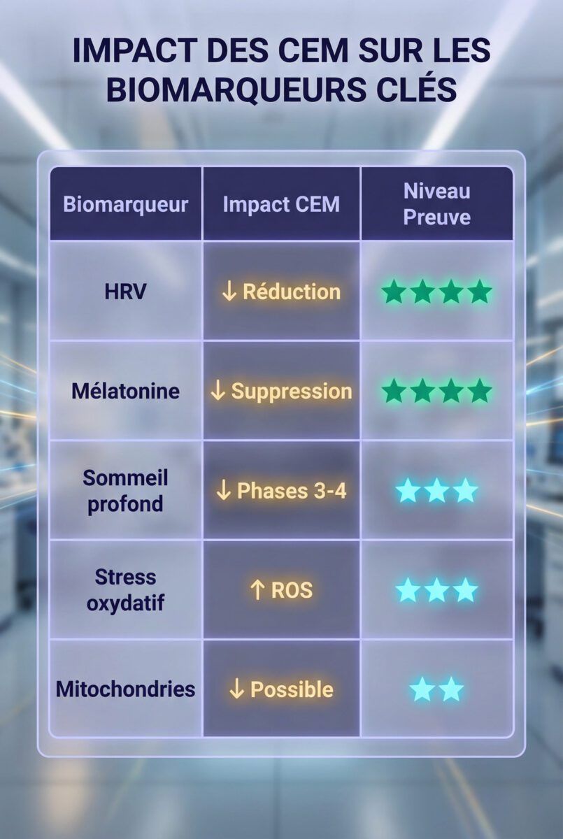 Impact CEM sur biomarqueurs clés biohackers : HRV, mélatonine, sommeil et mitochondries avec preuves