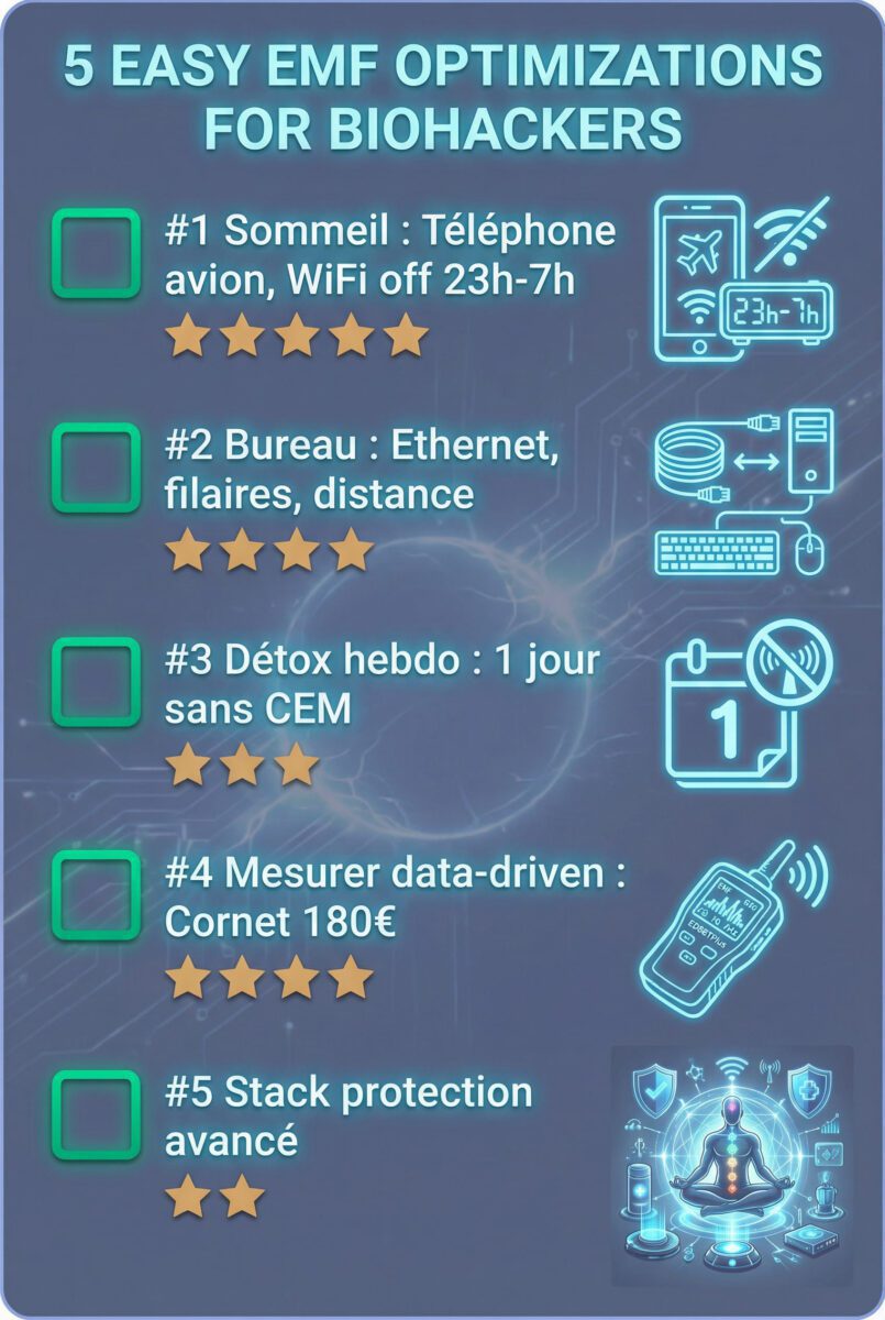 Checklist 5 optimisations CEM faciles pour biohackers avec indicateurs priorité et impact mesurable