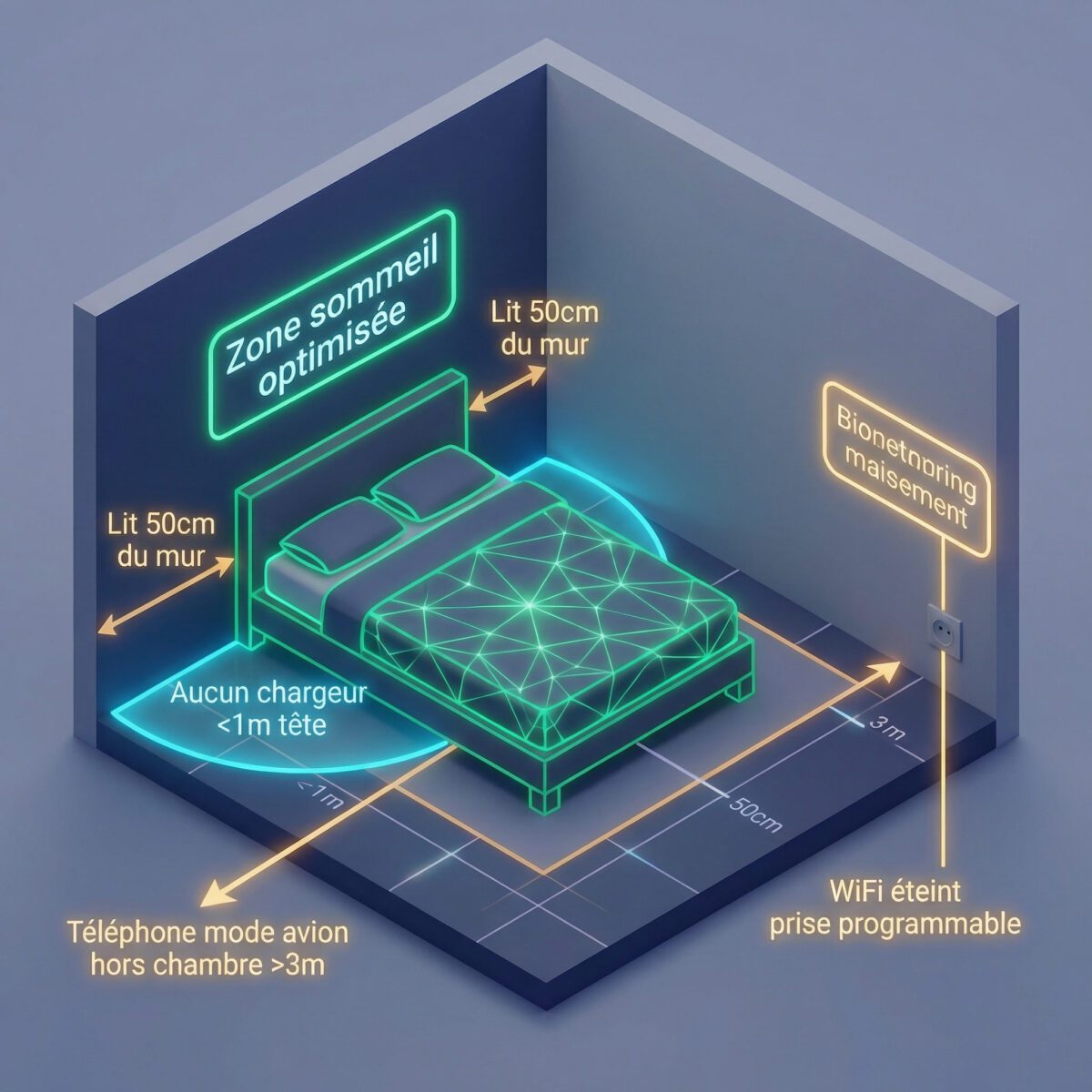 Setup chambre optimale biohacking sommeil : distances sécuritaires CEM et zones placement appareils