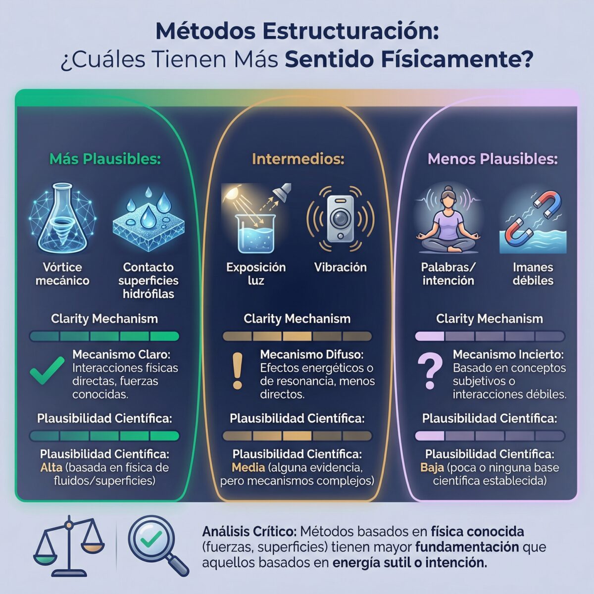 Métodos estructuración agua clasificados por plausibilidad física