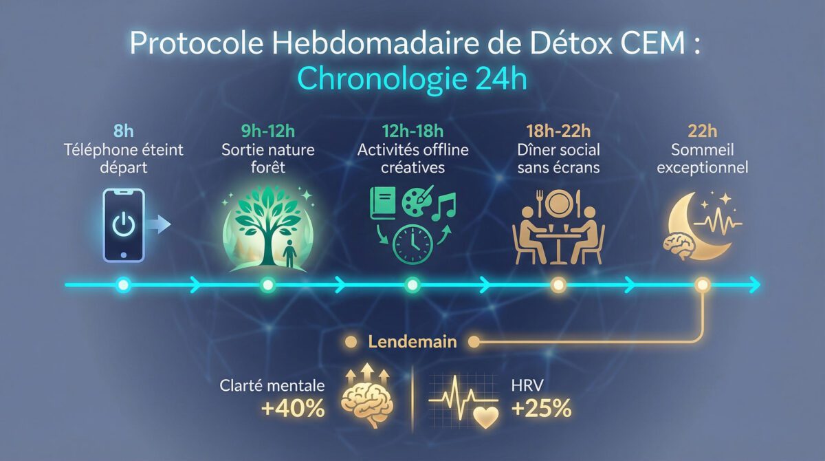Protocole détox CEM hebdomadaire 24h : timeline activités offline et bénéfices mesurables lendemain