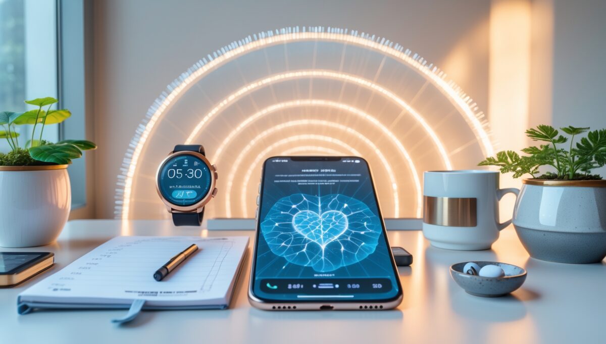 Biohacker checking heart rate variability on smartwatch with wellness setup and plants in minimalist room