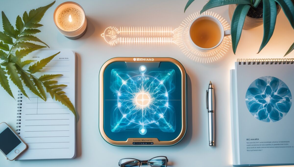 Waveguard Qi-Shield EMF-Schutzgerät auf minimalistischem Schreibtisch mit Pflanzen und Technologie