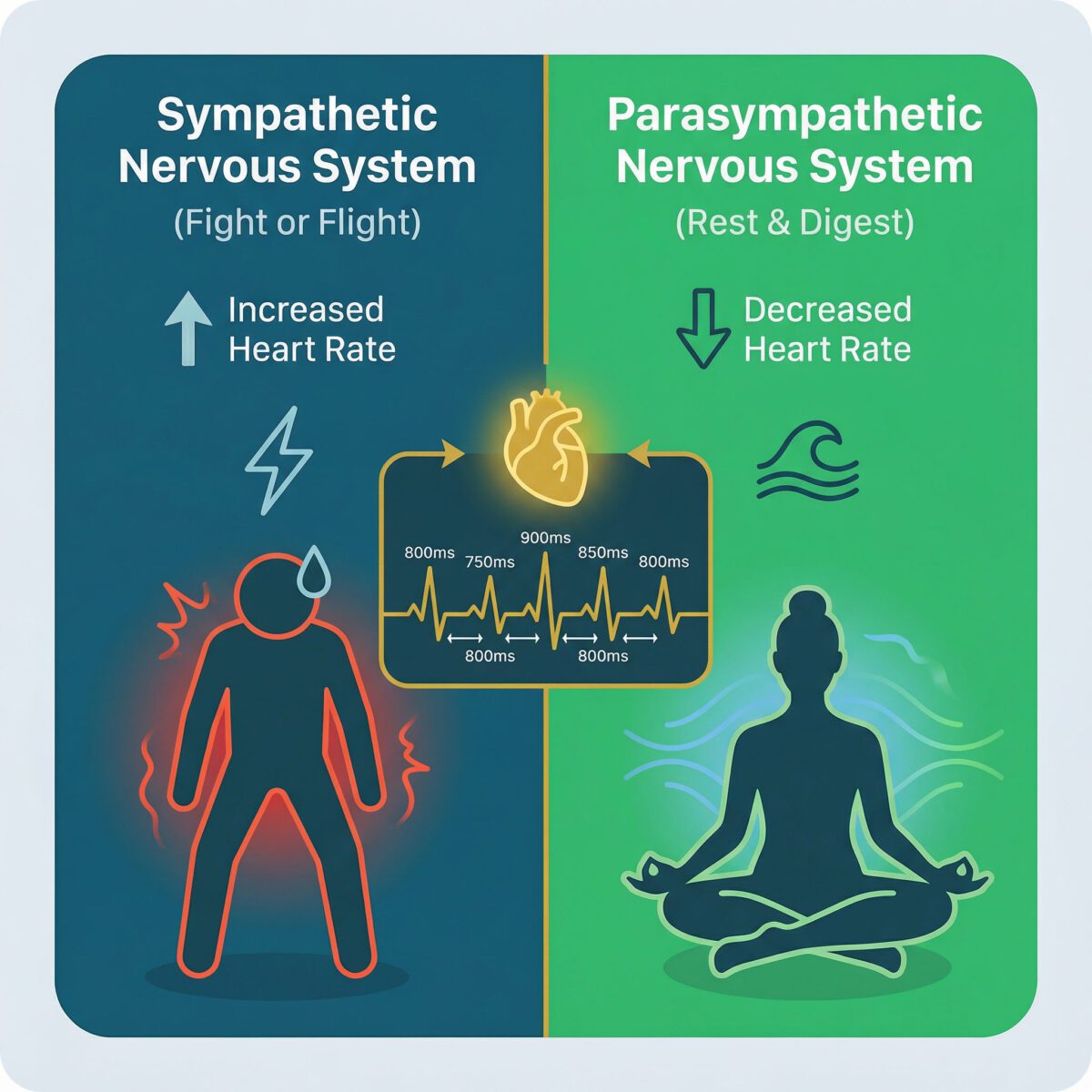 Diagram showing sympathetic and parasympathetic nervous system balance affecting heart rate variability