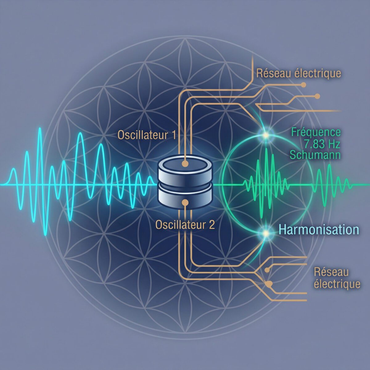Schéma technique de la technologie dual-oscillateur du Qi-Home Cell avec fréquences harmonieuses
