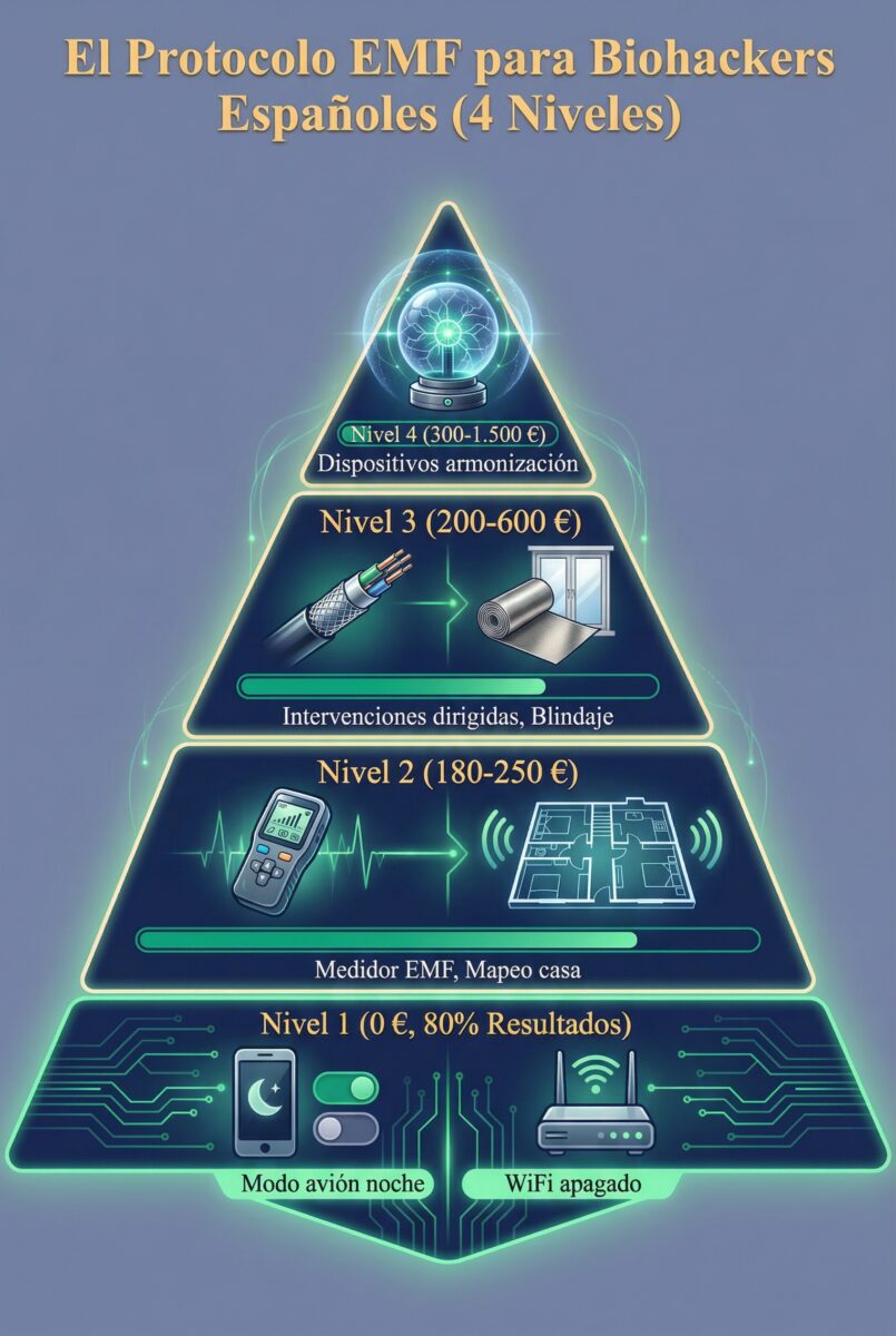 Protocolo EMF 4 niveles para biohackers españoles: de gratis a avanzado