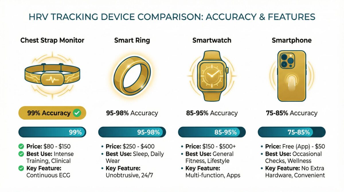 Infographic comparing HRV tracking devices including chest straps, smart rings, and smartwatches