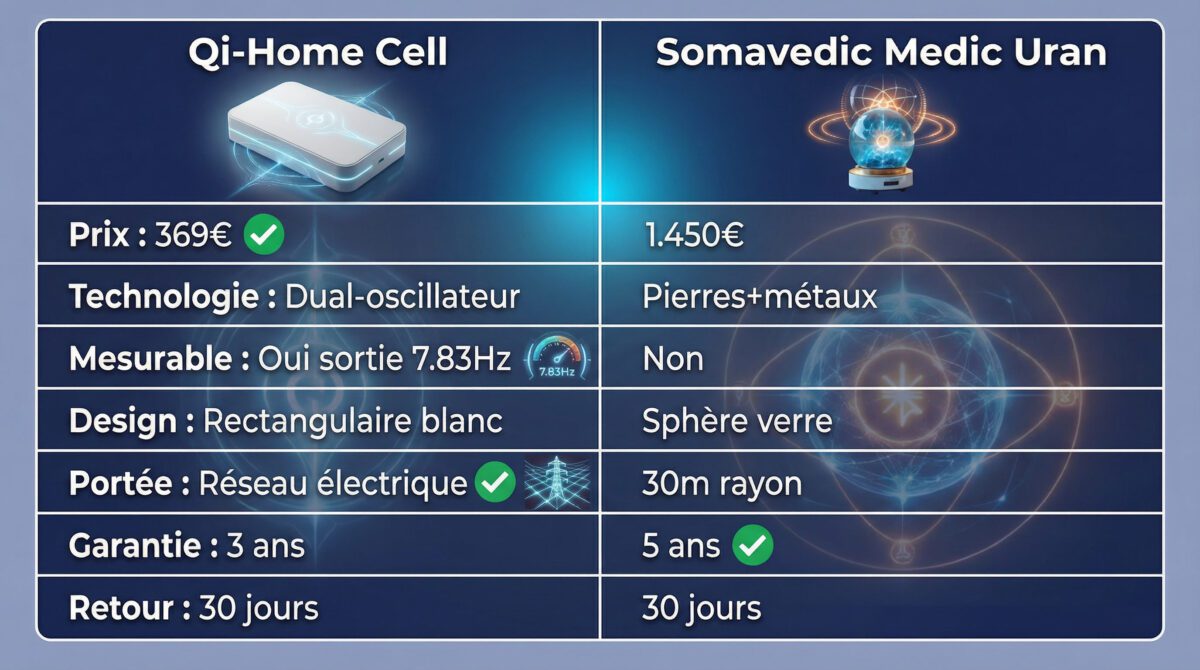 Tableau comparatif détaillé Qi-Home Cell versus Somavedic : prix, technologie, portée et garanties