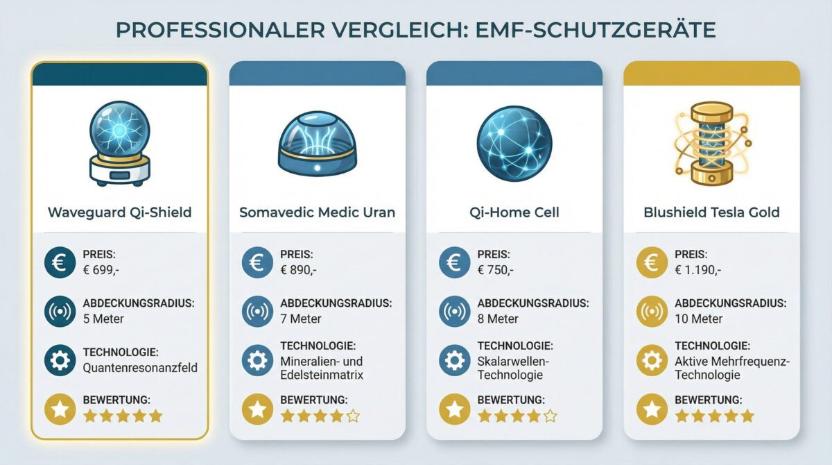 Vergleichstabelle Waveguard Qi-Shield versus Somavedic Blushield und Qi-Home EMF-Geräte
