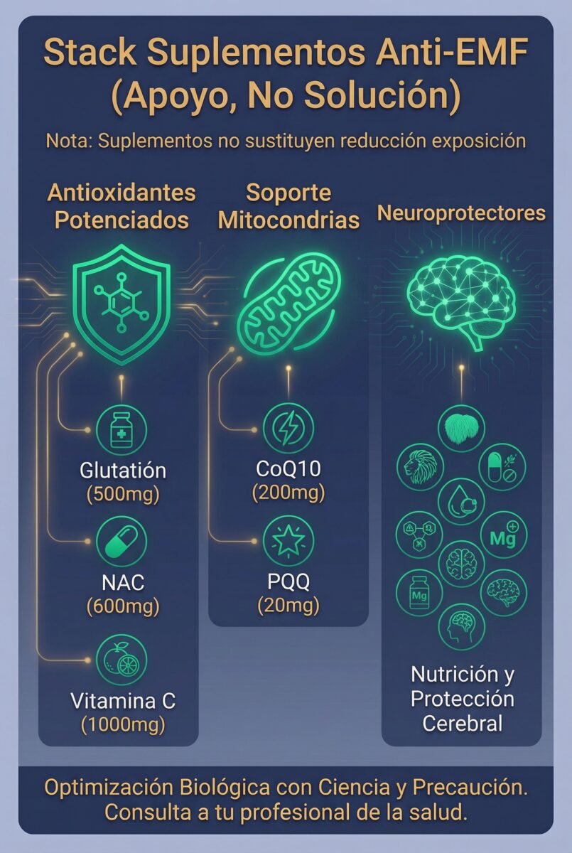 Stack suplementos anti-EMF para biohacker: antioxidantes y soporte mitocondrial
