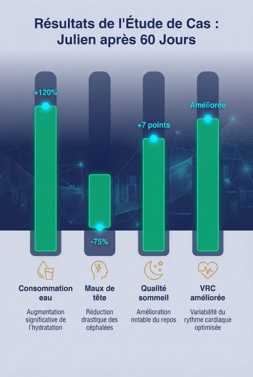 Résultats mesurés de l'étude de cas Julien : amélioration consommation eau, maux de tête et sommeil avec Qi-Home