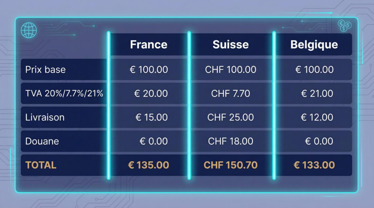 Comparaison des prix régionaux du Qi-Home Cell : France, Suisse et Belgique avec taxes et frais inclus