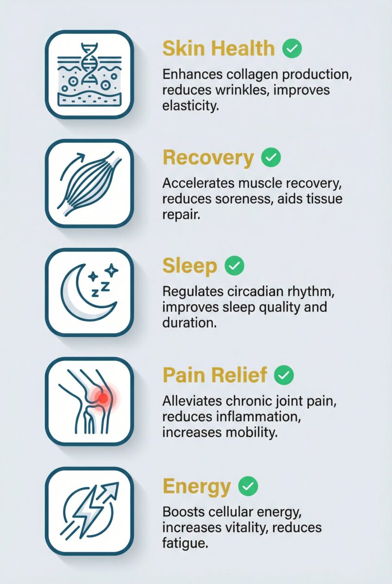 Infographic showing five science-backed benefits of red light therapy including skin health, muscle recovery, sleep optimization, pain relief, and energy enhancement
