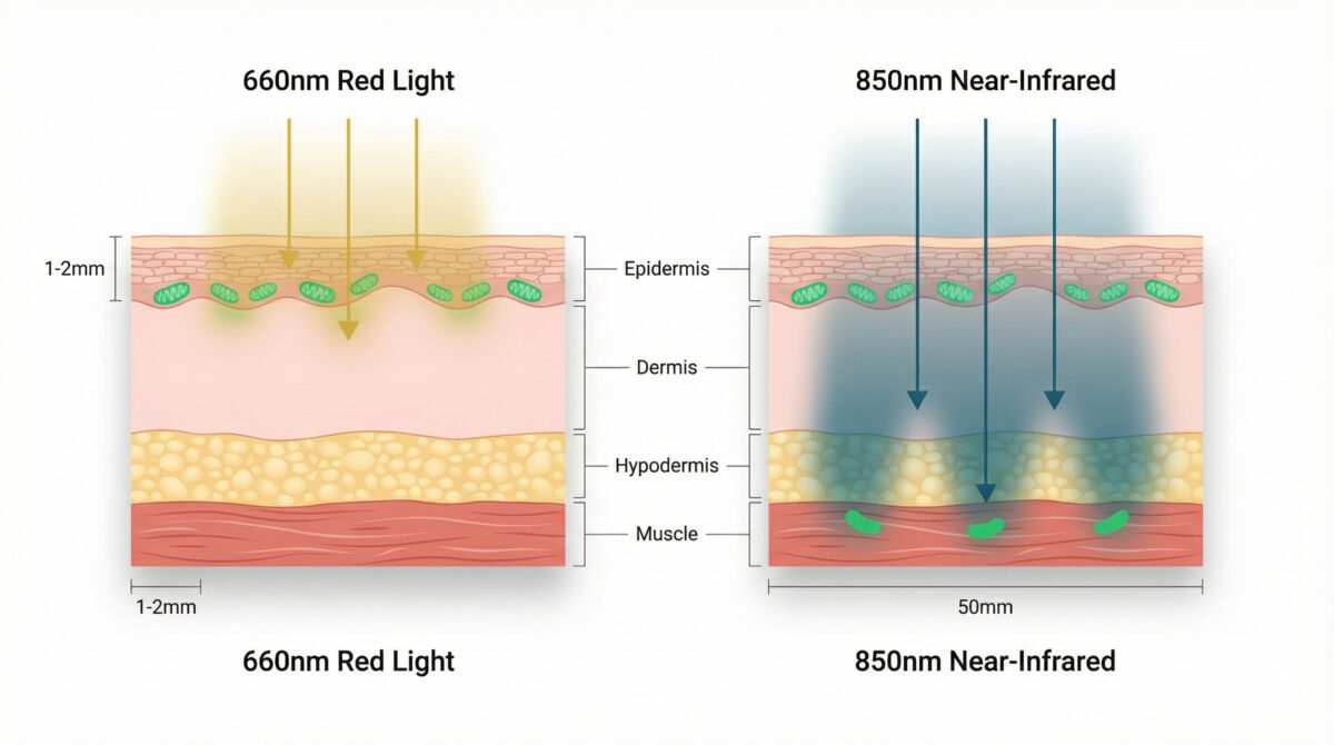 Scientific diagram comparing 660nm red light shallow skin penetration versus 850nm near-infrared deep tissue penetration through anatomical layers