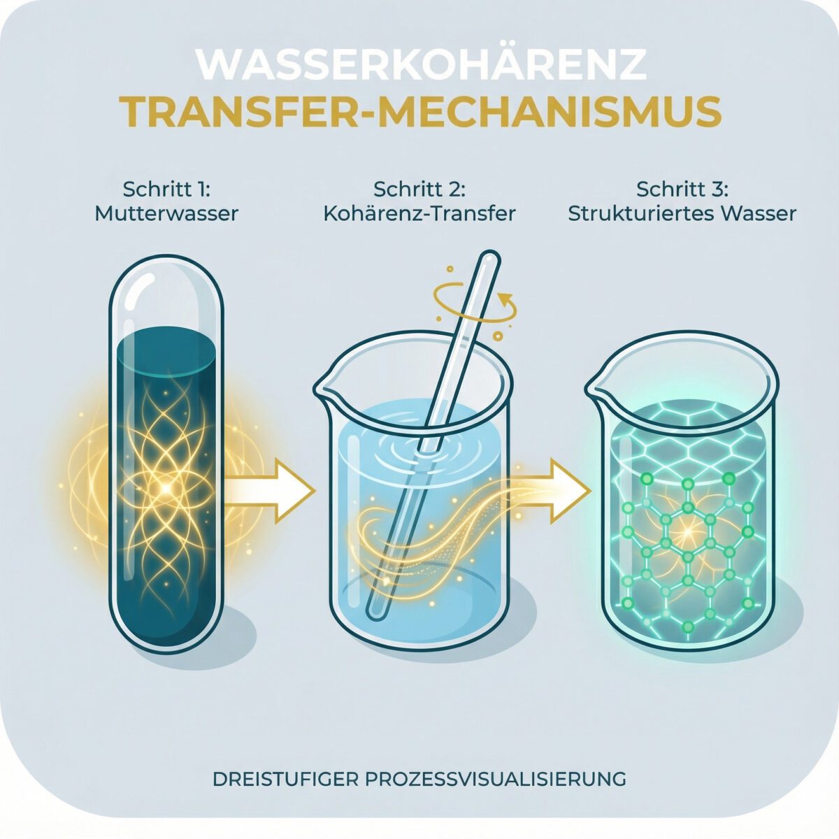 Infografik: Wie Kohärenz-Transfer bei der Analemma Wand funktioniert – 3-Stufen-Prozess der Wasserstrukturierung