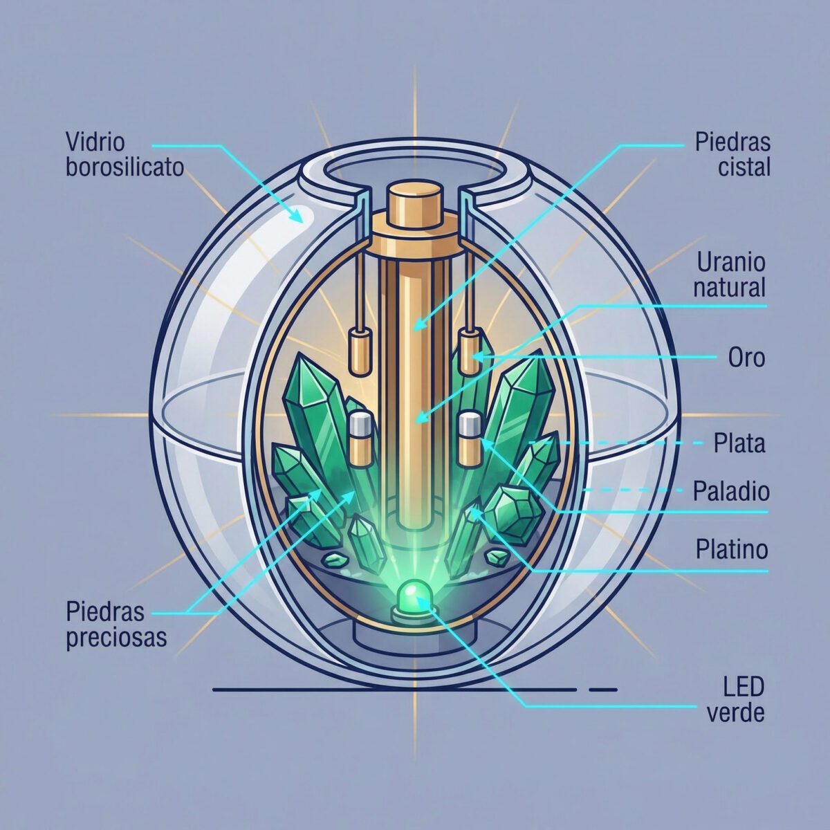 Esquema técnico composición interna Somavedic: metales nobles, piedras preciosas y mineral de uranio