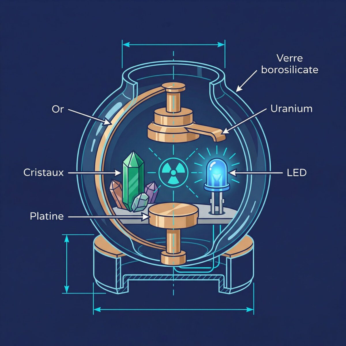 Schéma technique des composants internes du Somavedic : métaux précieux, pierres et minerai d'uranium